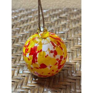 Handcrafted Blown Glass Ornament With Vibrant Red Yellow & White
